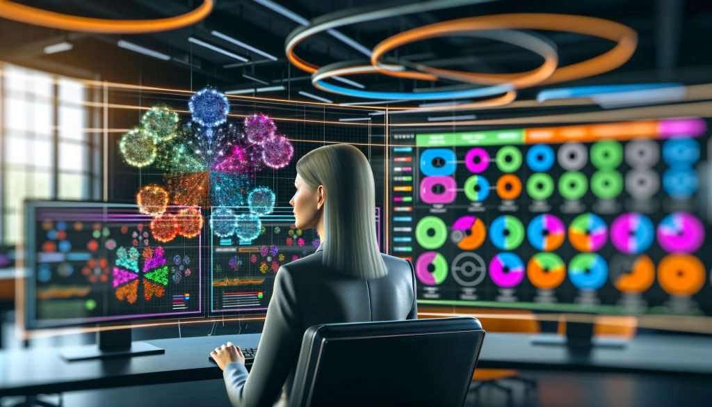 Marketing-Profi in einem hochmodernen Büro vor Monitoren mit datenbasierten Zielgruppen-Segmenten, Machine-Learning-Modellen und holografischen Clustern, die den digitalen Datenfluss zeigen.