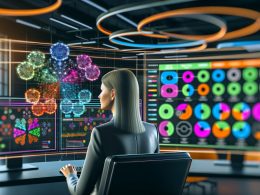 Marketing-Profi in einem hochmodernen Büro vor Monitoren mit datenbasierten Zielgruppen-Segmenten, Machine-Learning-Modellen und holografischen Clustern, die den digitalen Datenfluss zeigen.