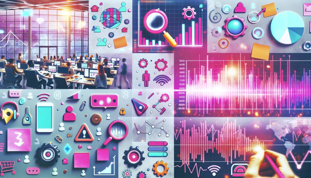 Collage mit Instagram Reels, Analysediagrammen, Automatisierungssymbolen, Trend-Audiowellenformen, Teamwork, Post-its und Symbolen für Datenwachstum; Glückssymbole wie Würfel und Lottokugeln verblassen im Hintergrund.