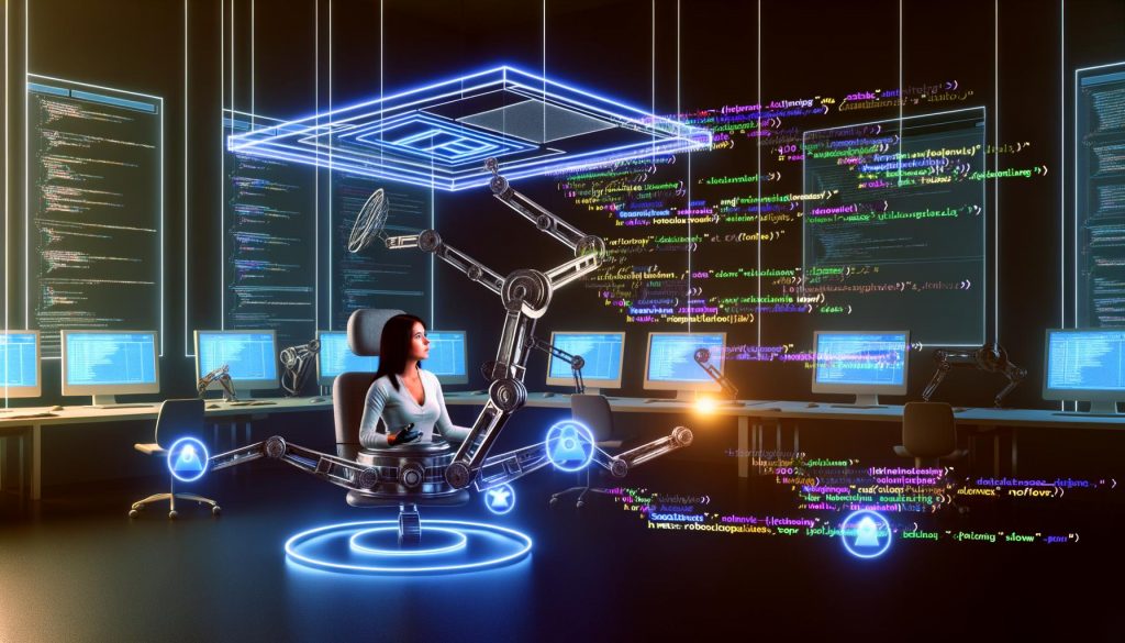 Digital Marketer arbeitet an modernen Bildschirmen mit SEO-Dashboards, Website-Blueprint und Roboterarmen, die Meta-Tags in Webseiten einbauen