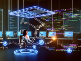 Digital Marketer arbeitet an modernen Bildschirmen mit SEO-Dashboards, Website-Blueprint und Roboterarmen, die Meta-Tags in Webseiten einbauen