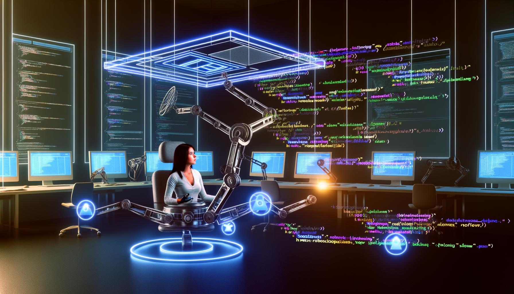 Digital Marketer arbeitet an modernen Bildschirmen mit SEO-Dashboards, Website-Blueprint und Roboterarmen, die Meta-Tags in Webseiten einbauen