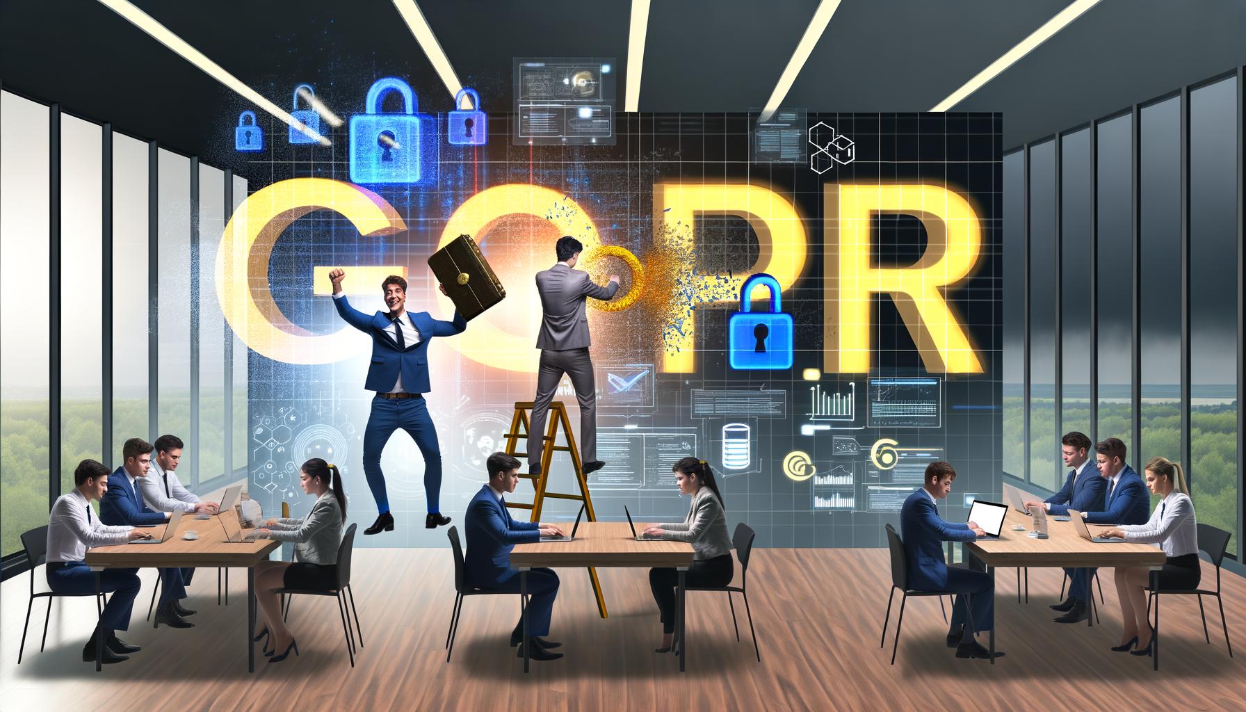 Angespannte Marketing-Teams analysieren Daten auf Laptops, flankiert von DSGVO-Elementen und einem triumphierenden Datenschutzbeauftragten mit Flipchart. Eine Person schmiedet ein Goldbarren-Symbol aus Datenfragmenten.