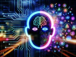 Stilisierter Kopf mit Schaltkreisen und Datenpunkten, eingebettet in digitale KI-, Marketing- und Technik-Symbole vor dunklem, urbanem Hintergrund.