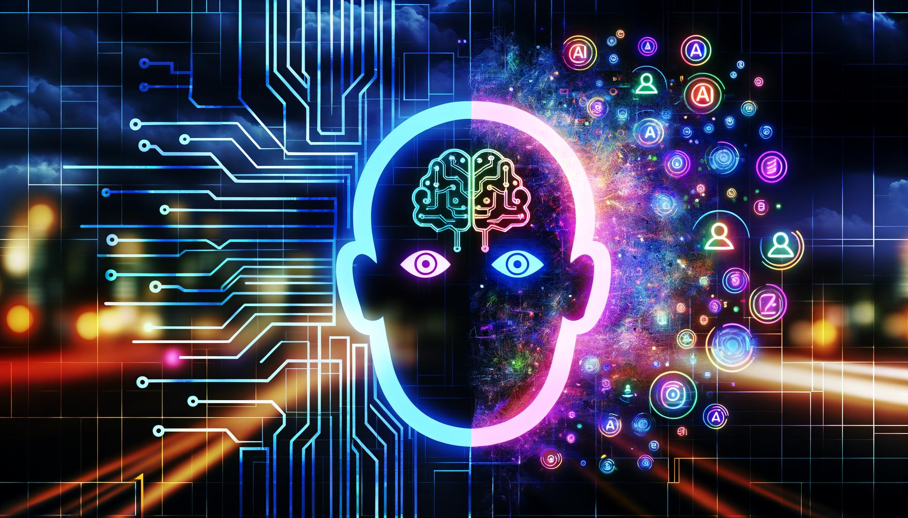 Stilisierter Kopf mit Schaltkreisen und Datenpunkten, eingebettet in digitale KI-, Marketing- und Technik-Symbole vor dunklem, urbanem Hintergrund.