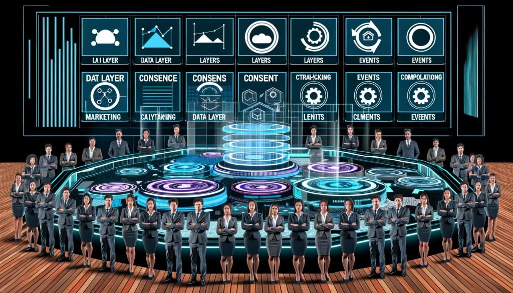 Editorial-Illustration eines futuristischen Marketing-Kontrollraums mit vernetzten Dashboards für Tag-Management, Datenanalyse und Compliance, dargestellt durch moderne Marketer und führende Software-Logos.