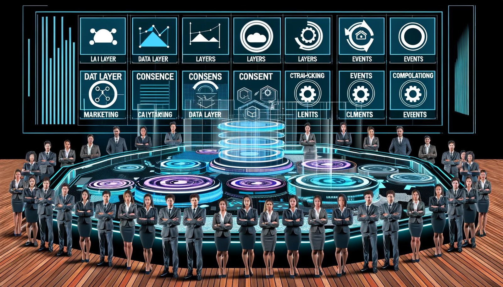 Editorial-Illustration eines futuristischen Marketing-Kontrollraums mit vernetzten Dashboards für Tag-Management, Datenanalyse und Compliance, dargestellt durch moderne Marketer und führende Software-Logos.