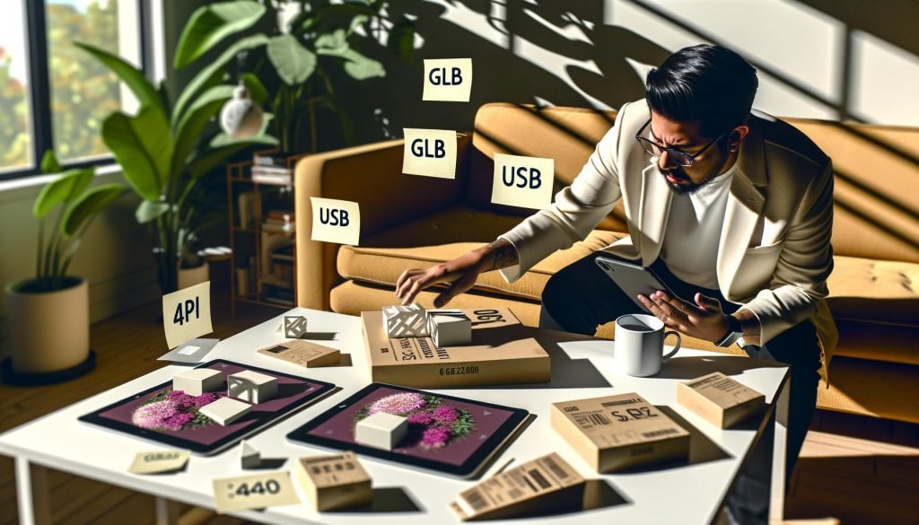 Moderner Arbeitsplatz mit E-Commerce-Spezialist, der 3D-Modelle handgefertigter Produkte analysiert und Augmented Reality auf Tablet und Smartphone verwendet. Notizen mit technischen Schlagworten, Sonnenlicht, Pflanzen und Etsy-Paketen im Hintergrund.