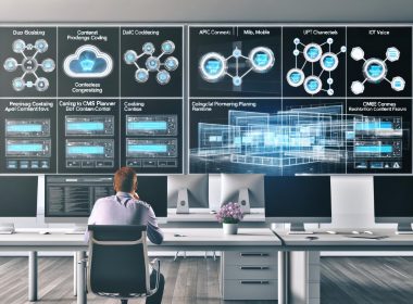 Person im modernen Büro betrachtet digitales Whiteboard mit komplexen Content-Flows und Headless CMS Dashboards auf mehreren Monitoren