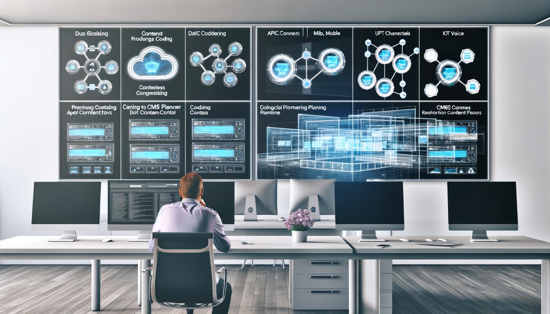 Person im modernen Büro betrachtet digitales Whiteboard mit komplexen Content-Flows und Headless CMS Dashboards auf mehreren Monitoren
