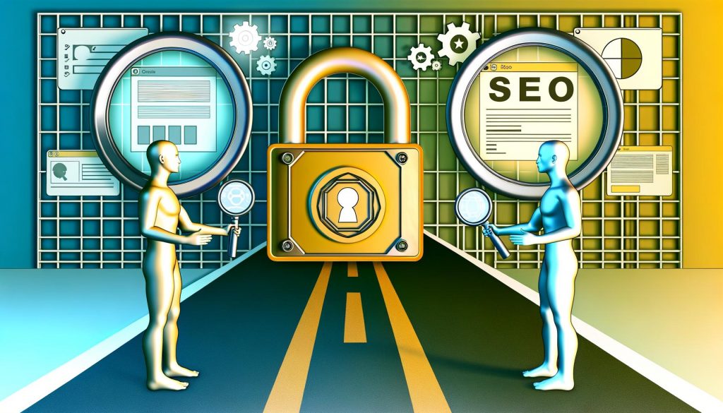 Modernes, minimalistisches Titelbild: Zwei Menschen stehen sich gegenüber, zwischen ihnen ein Vorhängeschloss 'Content Gating' und eine Lupe 'SEO', getrennt durch einen Weg zu Tresor und Schaufenster, umgeben von digitalen Interface-Elementen.