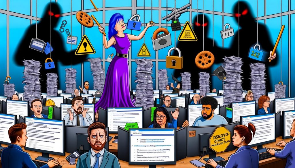 Chaotische digitale Zirkus-Szene im Büro mit riesigen Cookie-Bannern, gestressten Mitarbeitern, Compliance-Papieren und einem Ringmaster, der Datenschutzsymbole jongliert.