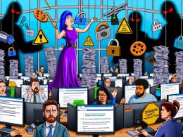 Chaotische digitale Zirkus-Szene im Büro mit riesigen Cookie-Bannern, gestressten Mitarbeitern, Compliance-Papieren und einem Ringmaster, der Datenschutzsymbole jongliert.