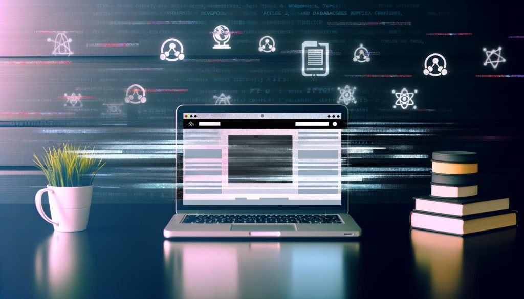 Moderner Laptop mit leuchtender Strapi-CMS-Oberfläche, daneben verblassende CMS-Logos und abstrakte Symbole für API und Datenbanken auf urbanem, cleanem Schreibtisch.