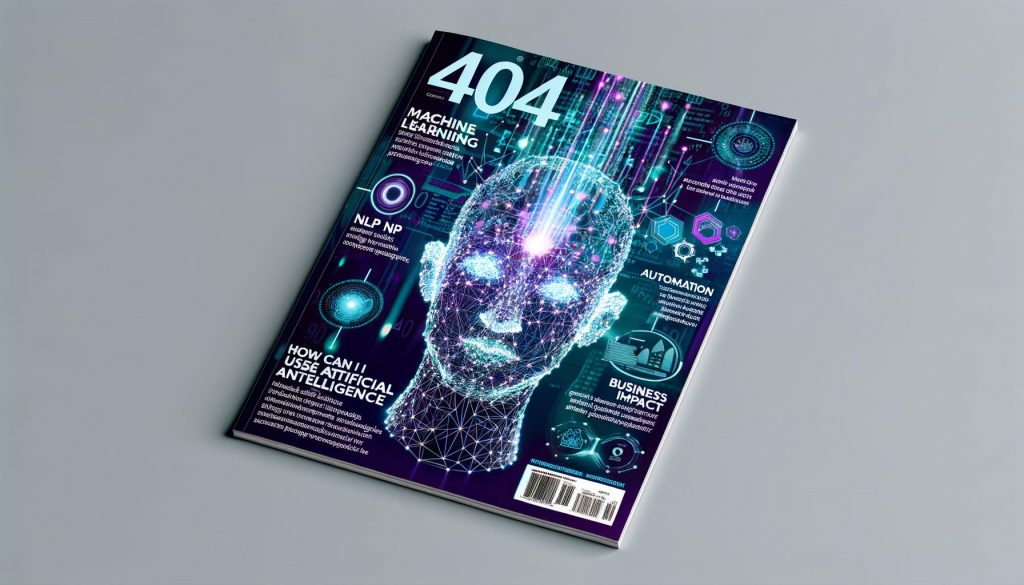 Stylishe Magazin-Titelseite mit abstraktem KI-Kopf aus polygonalen Linien und leuchtenden Datenströmen. Begriffe wie Machine Learning, NLP und Automation schweben neben einem Netzwerk aus Datenpunkten und Tech-Icons auf blau-lila Hintergrund.