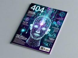 Stylishe Magazin-Titelseite mit abstraktem KI-Kopf aus polygonalen Linien und leuchtenden Datenströmen. Begriffe wie Machine Learning, NLP und Automation schweben neben einem Netzwerk aus Datenpunkten und Tech-Icons auf blau-lila Hintergrund.