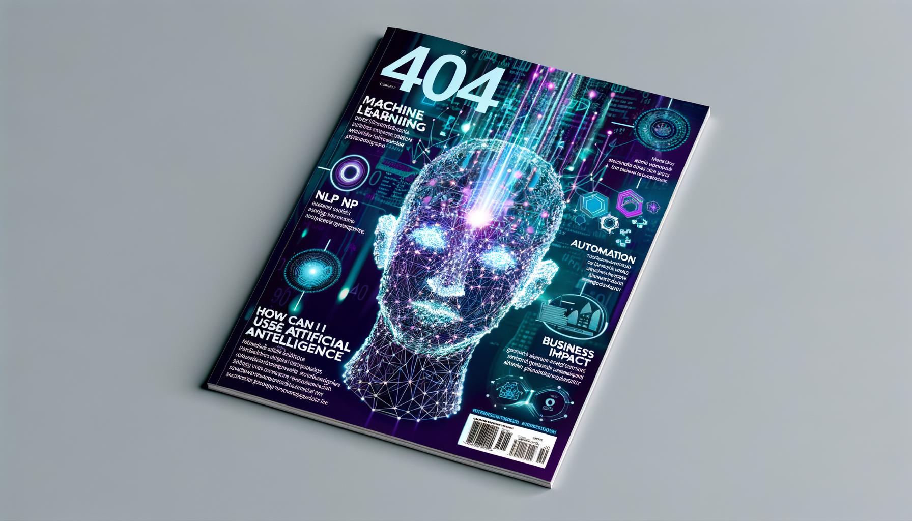 Stylishe Magazin-Titelseite mit abstraktem KI-Kopf aus polygonalen Linien und leuchtenden Datenströmen. Begriffe wie Machine Learning, NLP und Automation schweben neben einem Netzwerk aus Datenpunkten und Tech-Icons auf blau-lila Hintergrund.