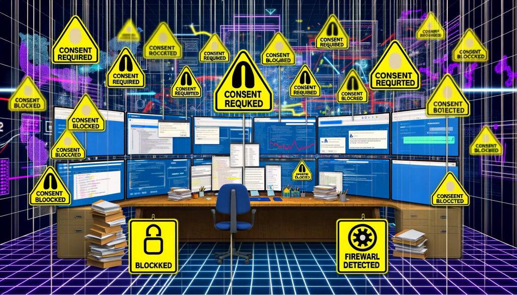 Digitales Control-Room mit mehreren Monitoren, Consent-Fenstern, Fehlermeldungen, Warnschildern und technischen Diagrammen für Online-Marketing, Datenschutz und Tracking.