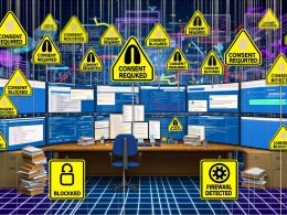 Digitales Control-Room mit mehreren Monitoren, Consent-Fenstern, Fehlermeldungen, Warnschildern und technischen Diagrammen für Online-Marketing, Datenschutz und Tracking.
