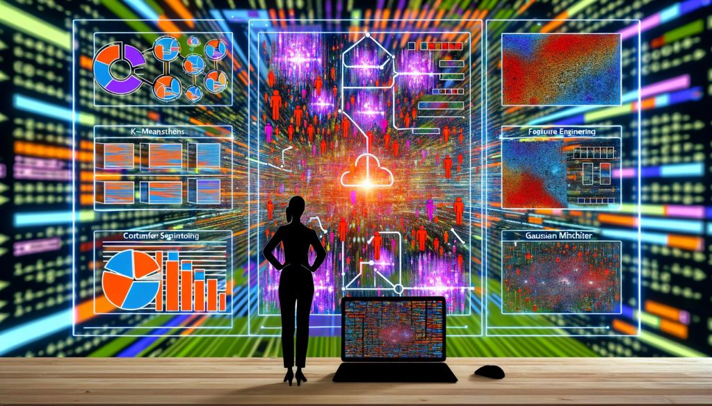 Futuristisches Marketing-Szenario mit digitaler Datenwand, Cluster-Algorithmen-Illustrationen, Workflow-Diagramm zur Datenaufbereitung, Vergleich moderner Cluster-Tools, humorvollen Fehler-Comics und leuchtenden Wachstums-Clustern, die den Umbruch zur datengetriebenen Marktsegmentierung darstellen.