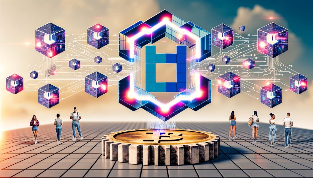 Breitbild digitale Collage mit Etsy-Logo, Blockchain-Symbolen, digitalen Tokens, Treuekarten und kreativen Nutzern in einer modernen E-Commerce-Welt.