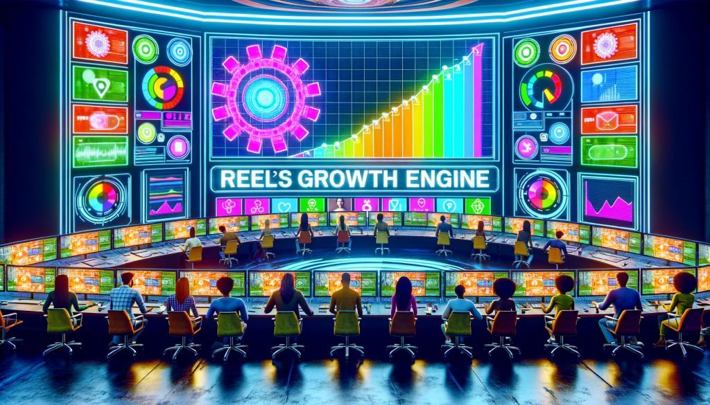 Junge Marketing-Experten im futuristischen Kontrollraum analysieren bunte Monitore mit Social-Media-Trends, Datenströmen und viralen Wachstumskurven.