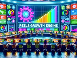 Junge Marketing-Experten im futuristischen Kontrollraum analysieren bunte Monitore mit Social-Media-Trends, Datenströmen und viralen Wachstumskurven.