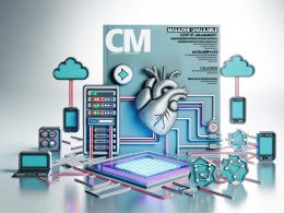 Futuristische Illustration eines menschlichen Herzens als Server, verbunden mit digitalen Endgeräten, umgeben von abstrahierten Icons für API, Cloud und Microservices, während klassische CMS-Logos im Nebel verschwimmen.