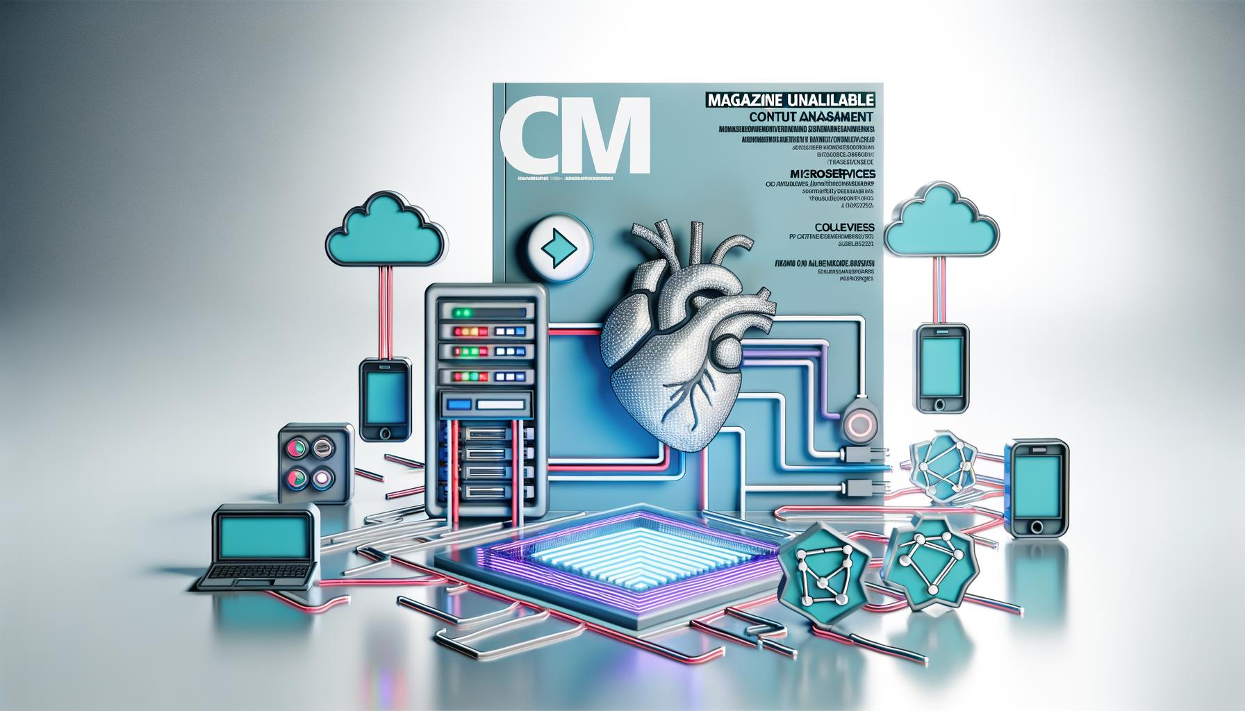 Futuristische Illustration eines menschlichen Herzens als Server, verbunden mit digitalen Endgeräten, umgeben von abstrahierten Icons für API, Cloud und Microservices, während klassische CMS-Logos im Nebel verschwimmen.