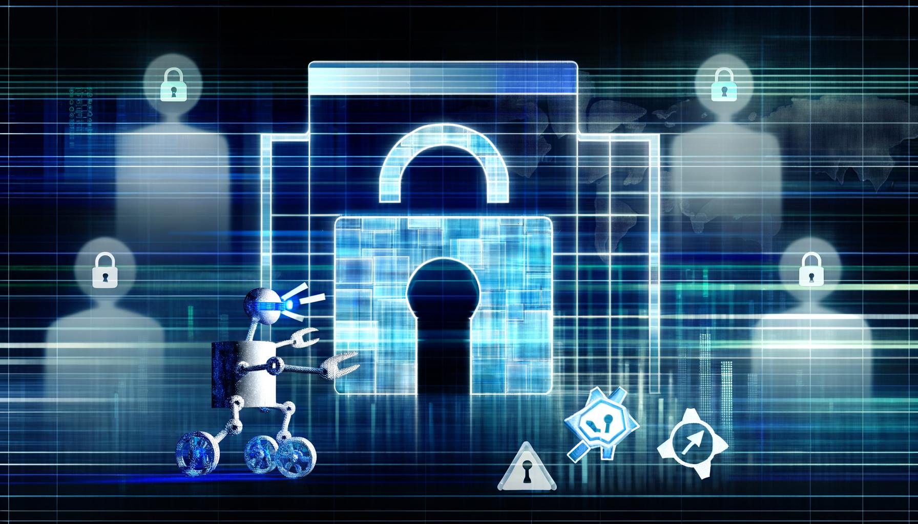 Digitales Auth Wall Login mit Schloss-Symbol im Browser, unscharfe User-Silhouetten und Datenströme dahinter, blockierter Roboter-Crawler mit SEO-Icons im Vordergrund