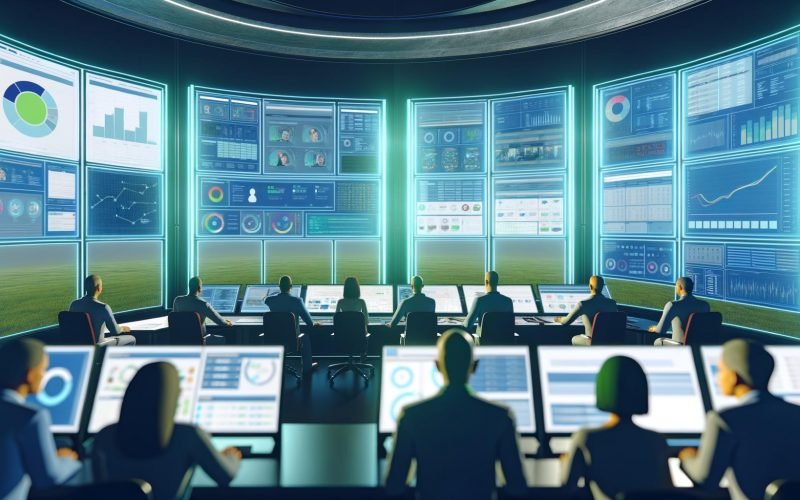 Digitale Schaltzentrale mit schwebenden, transparenten Bildschirmen, die Analyse- und Werbedaten anzeigen, mit diversen Marketern bei der Arbeit.