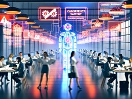 Chaotisches, modernes Marketing-Großraumbüro mit leuchtenden Monitoren, Consent-Bannern, einem bedrohlichen DSGVO-Roboter und einem innovativen Marketer, der eine strategische, transparente Datenlösung entwirft.