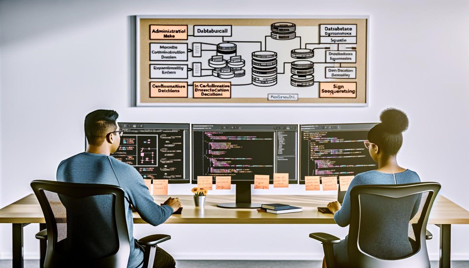 Moderner Entwicklerarbeitsplatz mit zwei kollaborierenden Entwicklern, Dual-Monitoren mit Strapi-Admin, Datenbankdiagrammen, API-Dokumentation und Whiteboard mit Backend-Infrastruktur-Flowcharts.