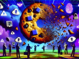 Futuristisches Bild einer zerfallenden Drittanbieter-Cookie mit Web-Tracking-Symbolen, besorgten Geschäftsleuten und Technikern sowie manipulierenden Tech-Konzernen und digitalen Kreaturen im neonblauen Cyberpunk-Stil.