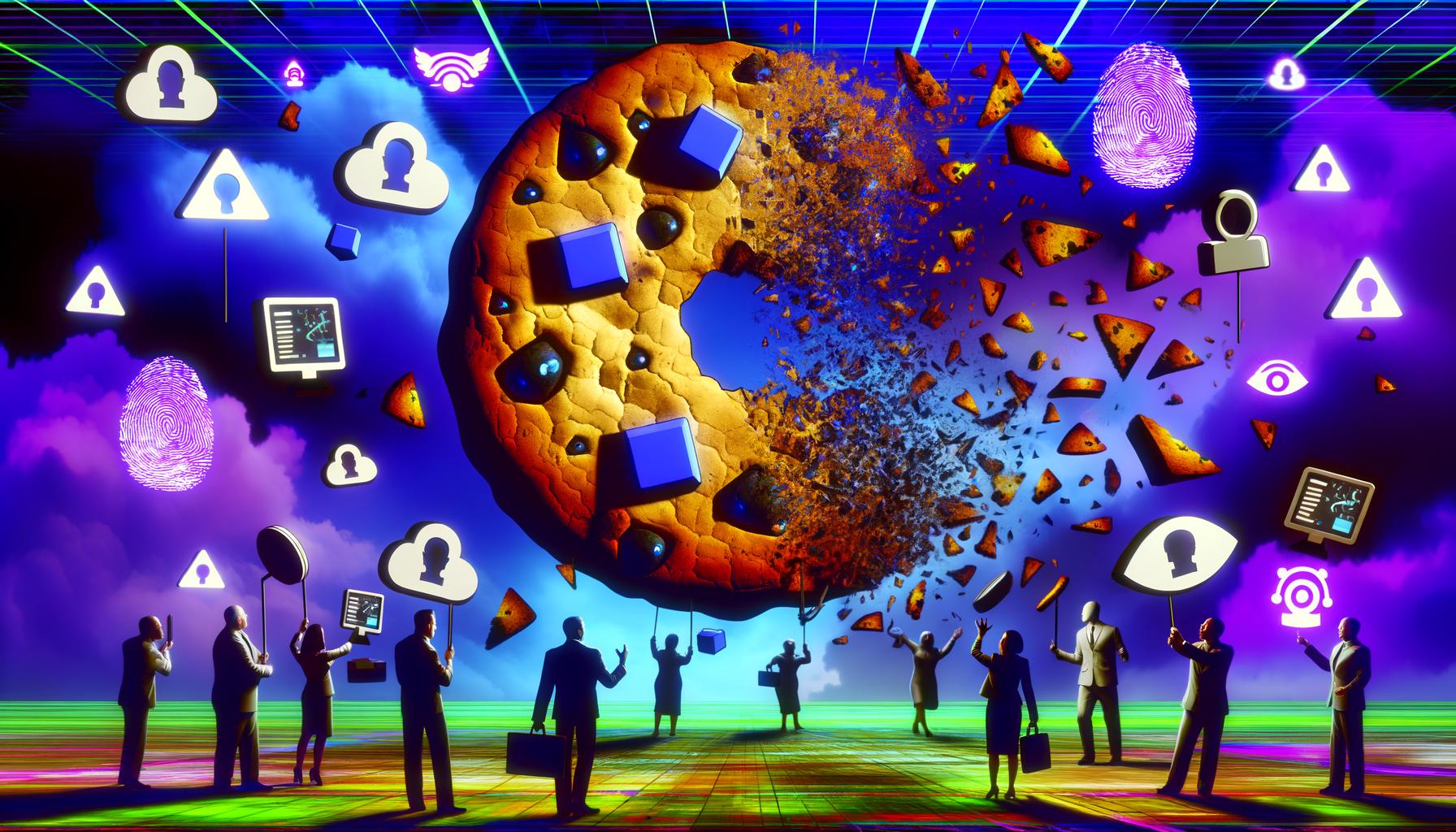 Futuristisches Bild einer zerfallenden Drittanbieter-Cookie mit Web-Tracking-Symbolen, besorgten Geschäftsleuten und Technikern sowie manipulierenden Tech-Konzernen und digitalen Kreaturen im neonblauen Cyberpunk-Stil.