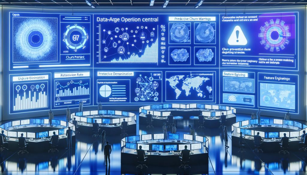 Modernes Data Operations Kontrollzentrum mit digitalen Dashboards, Churn-Vorhersagen, Kundensegmenten und Analystenteam bei der Arbeit in einer kühl beleuchteten Umgebung.
