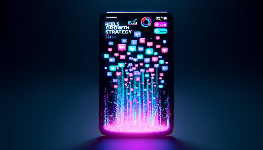 Dynamisches Titelbild mit Smartphone-Display, aus dem neonfarbene Videoclips und Social-Media-Symbole hervortreten, Text 'Reels Growth 2024' mittig, moderner, technischer Look.