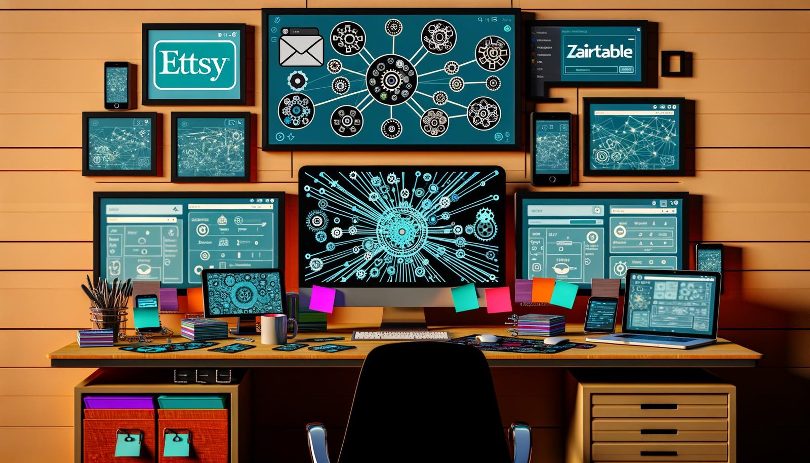 Modernes, technikorientiertes Etsy-Verkäufer-Arbeitsplatz mit mehreren Monitoren, die Automatisierungstools und digitale Workflows zwischen Etsy, Printful, Zapier, Airtable und Gmail zeigen