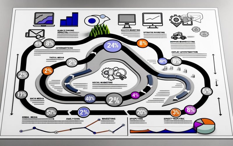 Infografik mit gewundener Customer Journey und Touchpoints wie SEA, SEO, Social, Display, E-Mail und Direct. Die erste und letzte Station sind farblich hervorgehoben, U-förmiges Gewichtungsschema und technische Analyse-Icons im Hintergrund.