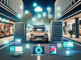 Bild einer urbanen technikgetriebenen Szene mit einem alten Fiat Panda als Sinnbild für klassisches CMS im Hintergrund und futuristischen Serverracks mit Symbolen für APIs, Cloud, Microservices und moderne Frontend-Technologien im Vordergrund. Transparente Datenströme verbinden ein Headless-CMS mit Monitor, Tablet, Smartphone und Smart Speaker.