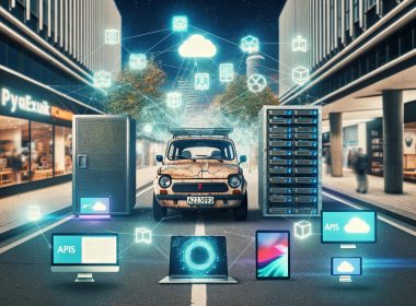 Bild einer urbanen technikgetriebenen Szene mit einem alten Fiat Panda als Sinnbild für klassisches CMS im Hintergrund und futuristischen Serverracks mit Symbolen für APIs, Cloud, Microservices und moderne Frontend-Technologien im Vordergrund. Transparente Datenströme verbinden ein Headless-CMS mit Monitor, Tablet, Smartphone und Smart Speaker.