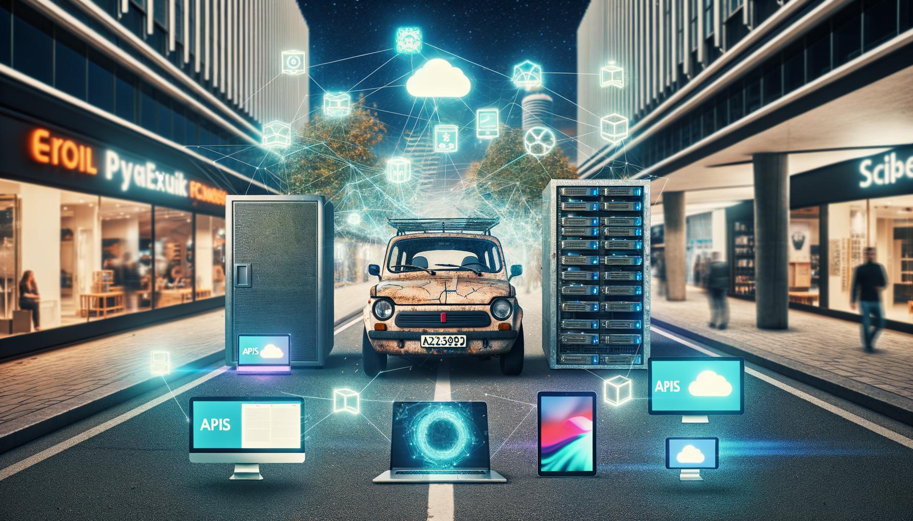 Bild einer urbanen technikgetriebenen Szene mit einem alten Fiat Panda als Sinnbild für klassisches CMS im Hintergrund und futuristischen Serverracks mit Symbolen für APIs, Cloud, Microservices und moderne Frontend-Technologien im Vordergrund. Transparente Datenströme verbinden ein Headless-CMS mit Monitor, Tablet, Smartphone und Smart Speaker.