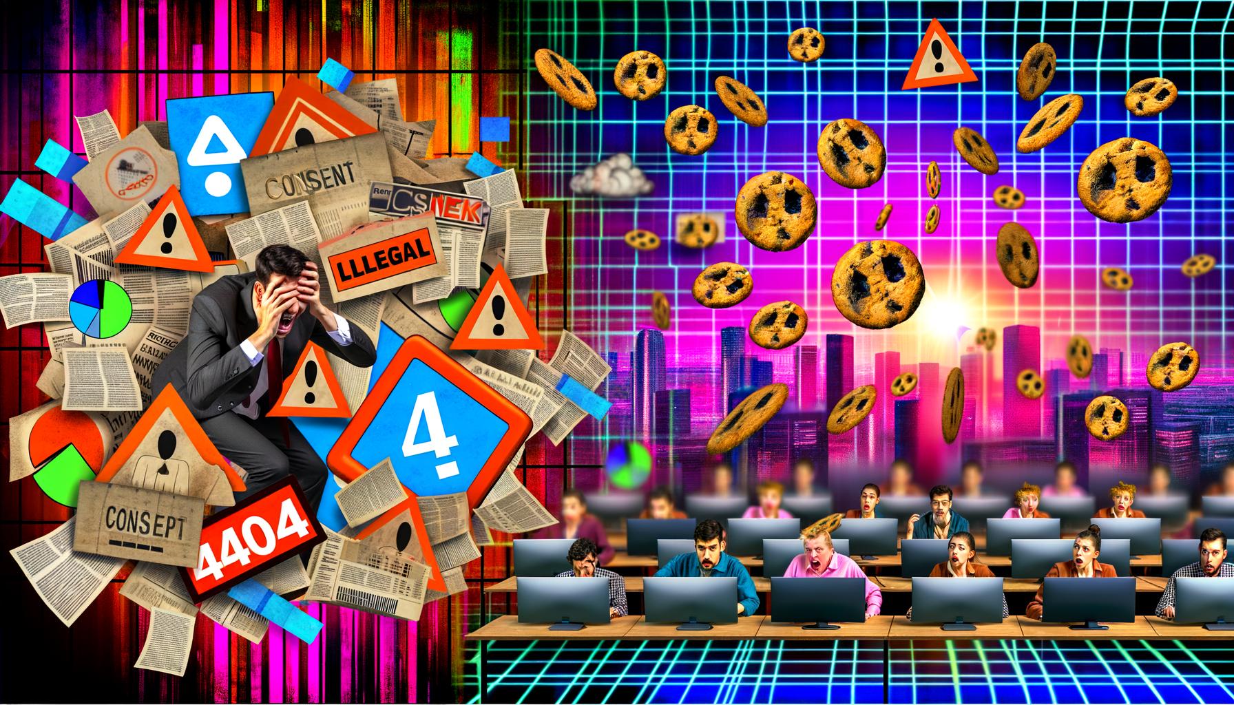 Collage mit gestresstem Marketer, Consent-Bannern, Cookie-Symbolen, ePrivacy-Schutzschilden und Büro voller entsetzter Menschen vor gelöschten Analytics-Avataren, im Vordergrund ein großes digitales 404-Fehlersymbol.
