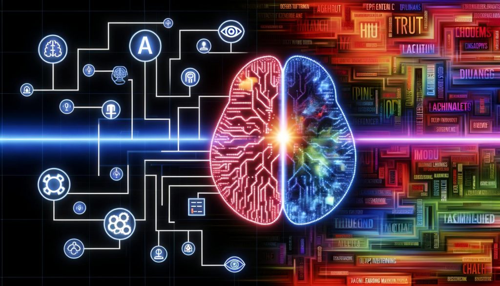 Futuristische Darstellung eines Gehirns aus Schaltkreisen, umgeben von digitalen Algorithmen, Text- und Bildabstraktionen sowie trendigen KI-Begriffen mit Warnsymbolen.