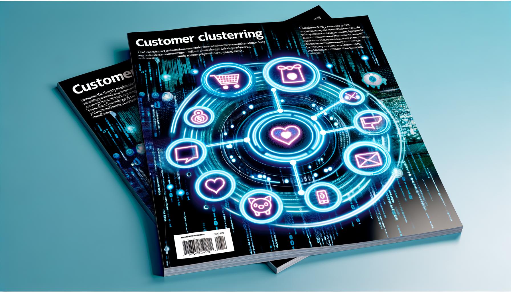 Abstraktes Titelbild mit Data-Dashboard, leuchtenden Clustern und Symbolen für verschiedene Kundentypen auf moderner, digitaler Farbpalette.