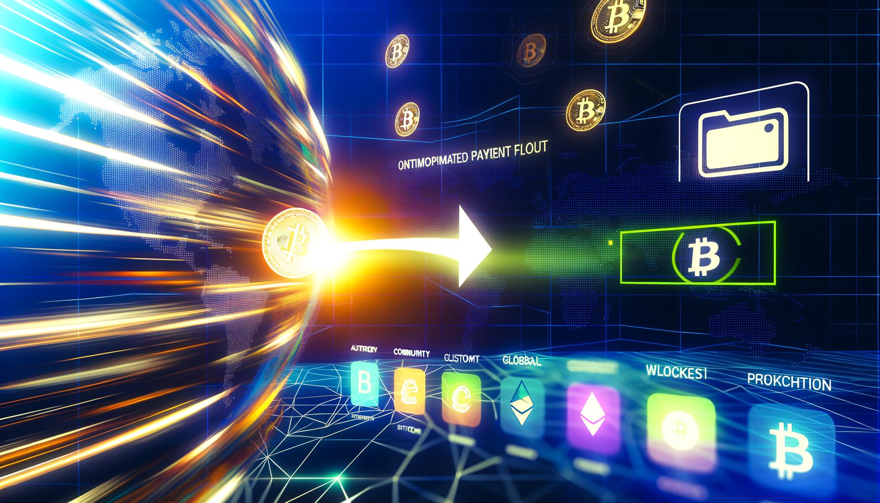 Futuristische Etsy-Shop-Szene mit digitalen Produkten, leuchtendem Krypto-Payment-Funnel und UI-Elementen vor globalen Kunden- und Wallet-Symbolen.