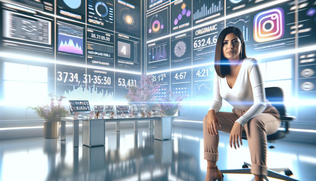 Marketing-Expertin arbeitet konzentriert an Instagram Reels Analytics und Content-Strategien in einem futuristischen Social-Media-Workspace mit digitalen Dashboards und Glaswand voller Datenvisualisierungen.