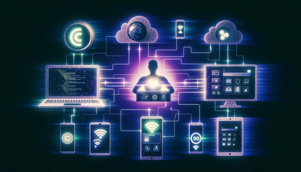 Futuristische Collage: Headless CMS-Dashboard vernetzt moderne Geräte mit leuchtenden Linien, APIs und verblassenden Monolith-Systemen im Hintergrund.