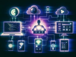 Futuristische Collage: Headless CMS-Dashboard vernetzt moderne Geräte mit leuchtenden Linien, APIs und verblassenden Monolith-Systemen im Hintergrund.