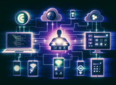 Futuristische Collage: Headless CMS-Dashboard vernetzt moderne Geräte mit leuchtenden Linien, APIs und verblassenden Monolith-Systemen im Hintergrund.